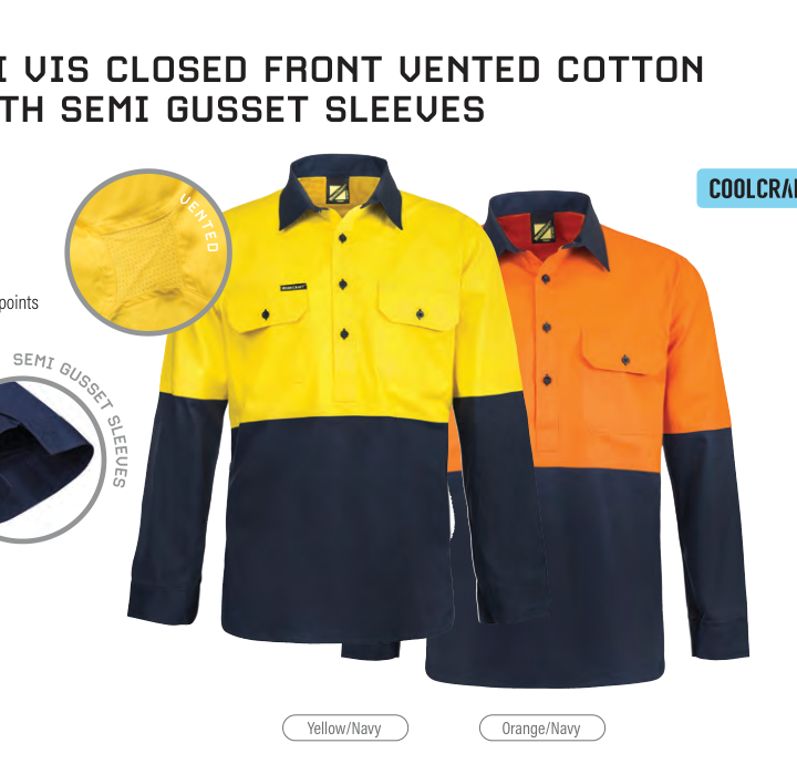 Lightweight Hi Vis Two Tone Half Placket Vented Cotton Drill Shirt with Semi Gusset Sleeves
