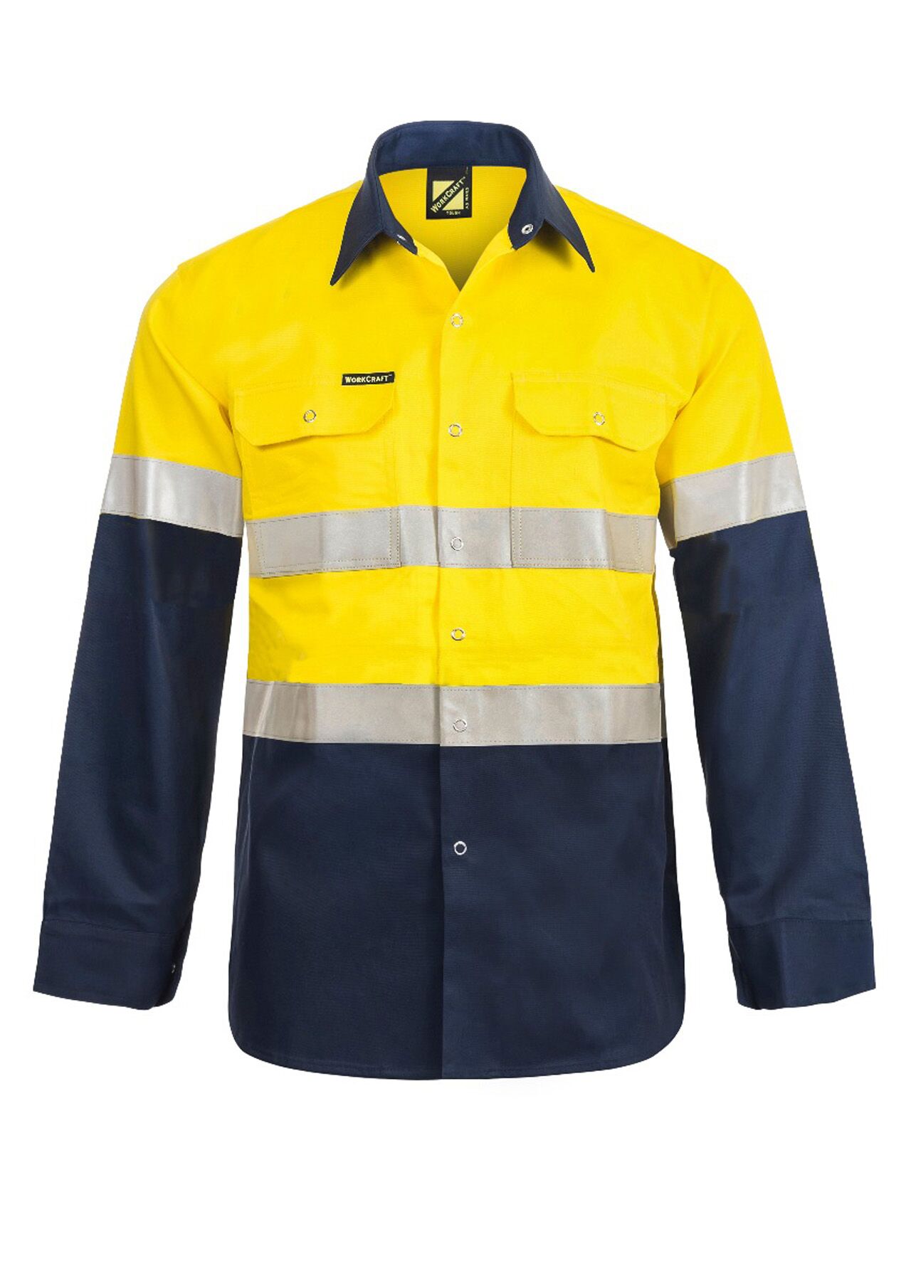 Hi Vis Long Sleeve Cotton Drill Industrial Laundry Reflective Shirt With Press Studs