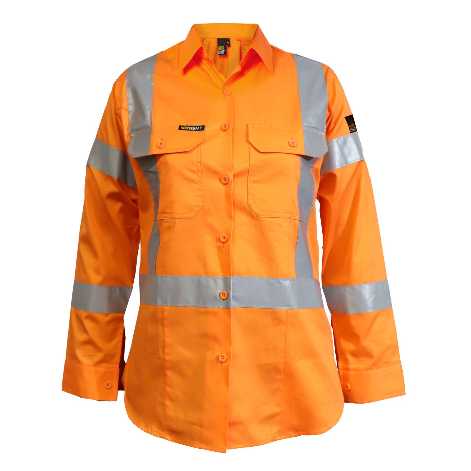 Ladies Lightweight Hi Vis Long Sleeve Vented Cotton Drill Shirt with X Pattern CSR Reflective Tape