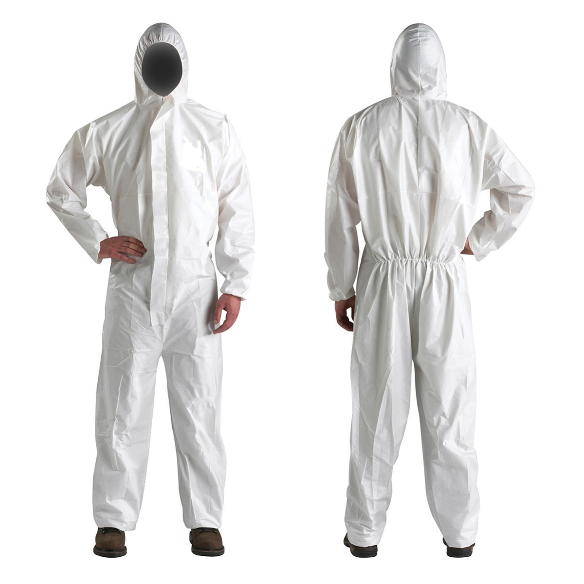 White disposable protective coveralls shown front and back